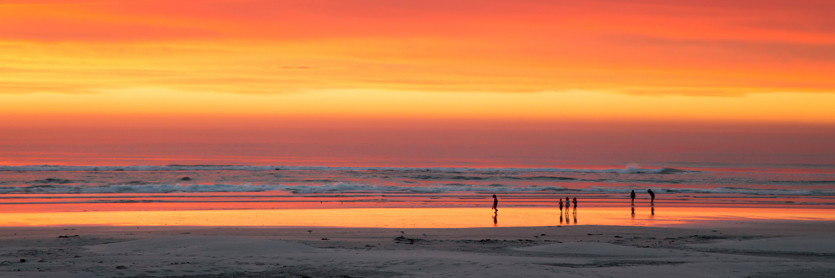 A long distance photograph of a family walking on a beach at dusk