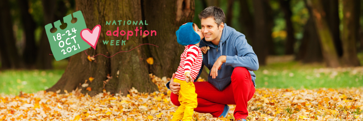 National Adoption Week - toddler boy with dad in autumn leaves