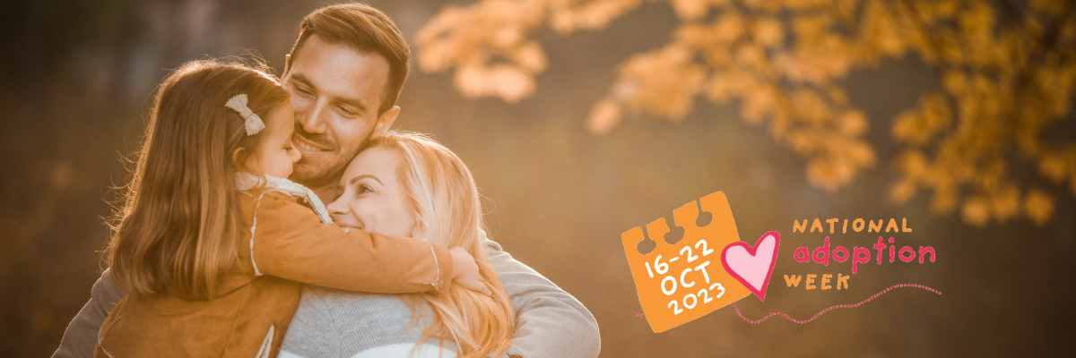 Happy Family in Autumn with national adoption week 2023 logo
