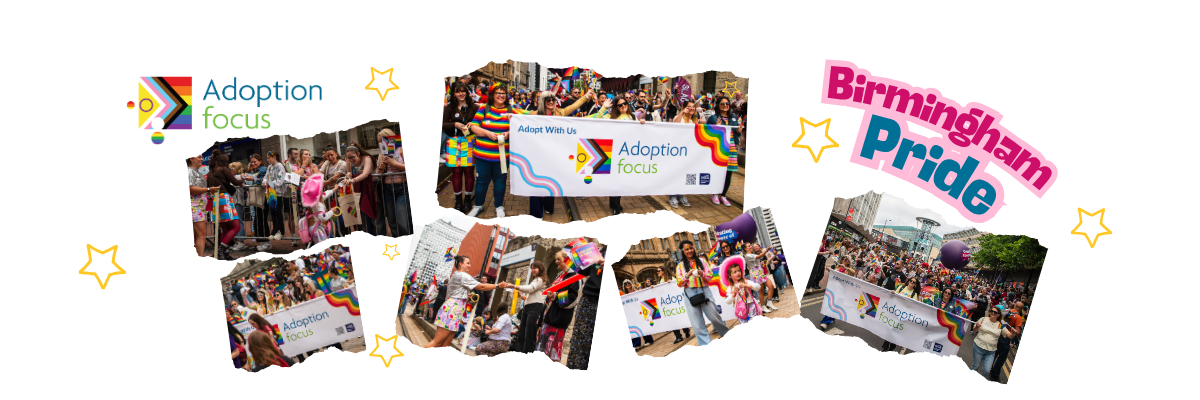 A group of Adoption Focus staff carry a banner through Birmingham Pride Parade
