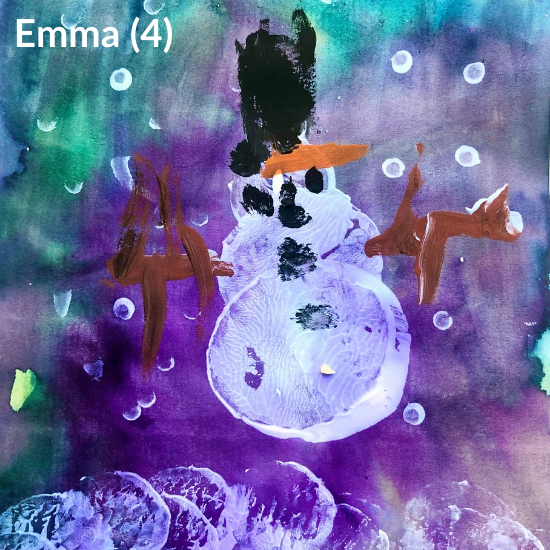 A painting of a snowman.