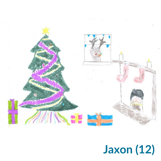 A drawing of a Christmas tree and fireplace.